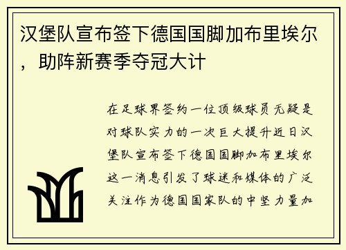 汉堡队宣布签下德国国脚加布里埃尔，助阵新赛季夺冠大计