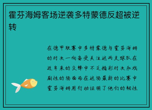 霍芬海姆客场逆袭多特蒙德反超被逆转